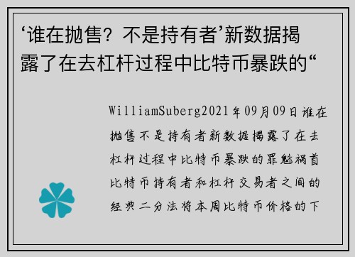 ‘谁在抛售?不是持有者’新数据揭露了在去杠杆过程中比特币暴跌的“罪魁祸首”